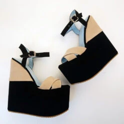 Black Cream Velvet Ankle Strap Platform Wedge Sandals