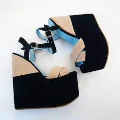 Black Cream Velvet Ankle Strap Platform Wedge Sandals -Tajna Shoes DSC 1947