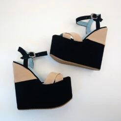 Black Cream Velvet Ankle Strap Platform Wedge Sandals -Tajna Shoes DSC 1948