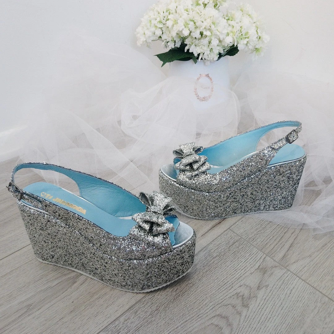 Ribbon Silver Glitter Wedge Platform Shoes 2 Ribbon Silver Glitter Wedge Platform Shoes - Image 2