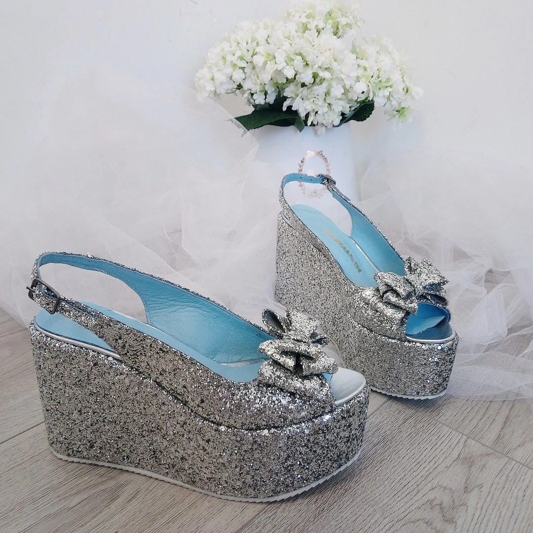 Ribbon Silver Glitter Wedge Platform Shoes 3 Ribbon Silver Glitter Wedge Platform Shoes - Image 3