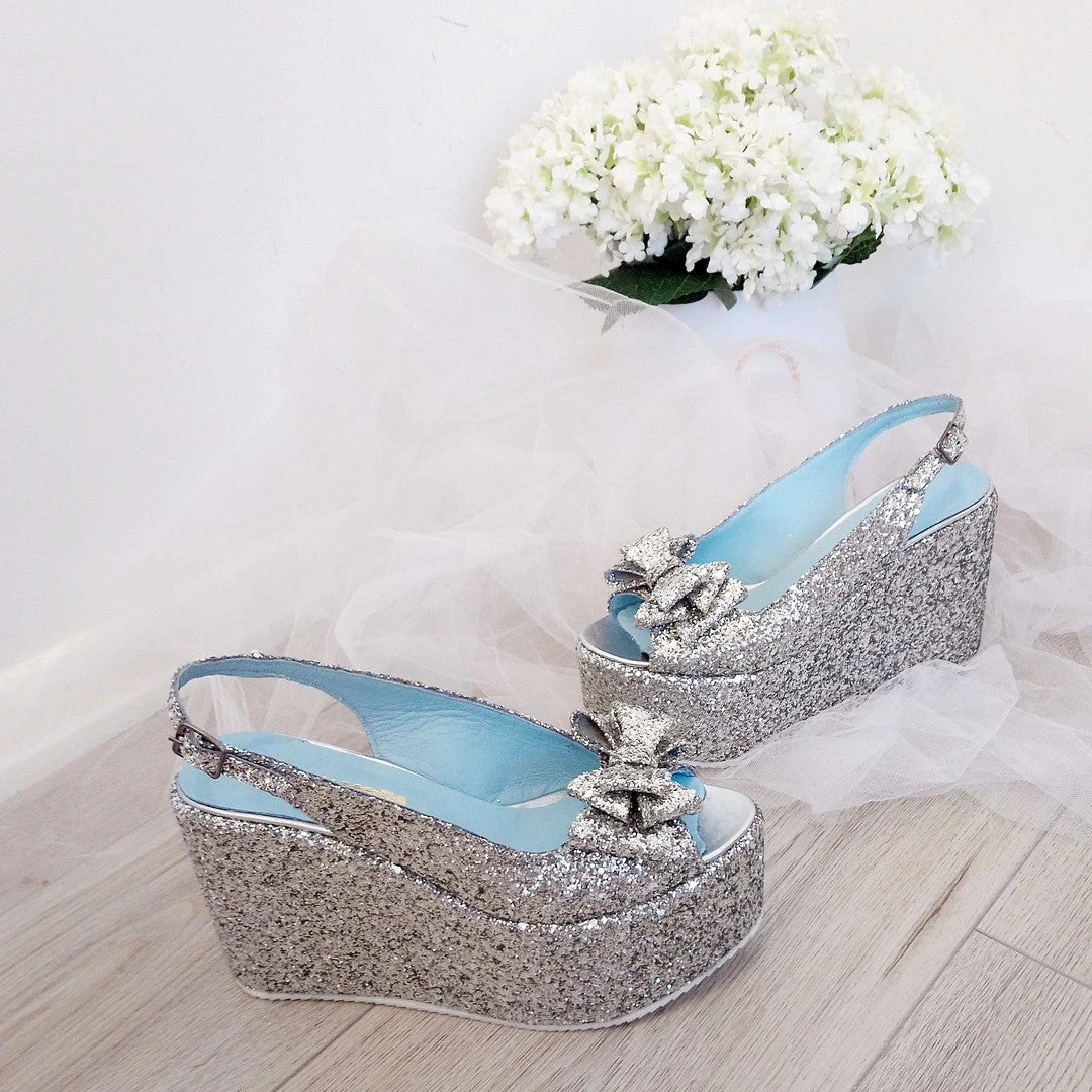 Ribbon Silver Glitter Wedge Platform Shoes 4 Ribbon Silver Glitter Wedge Platform Shoes - Image 4