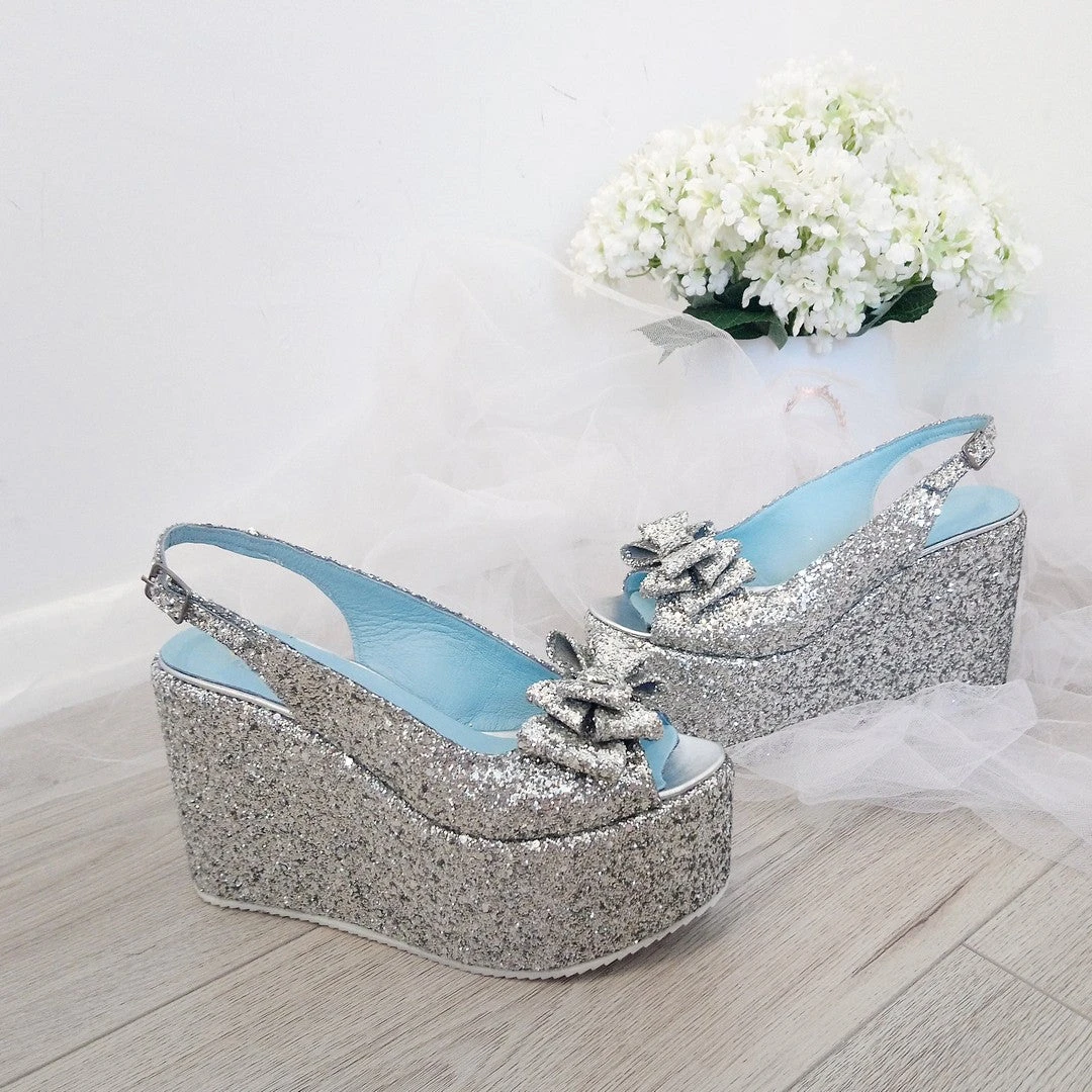 Ribbon Silver Glitter Wedge Platform Shoes 1 Ribbon Silver Glitter Wedge Platform Shoes