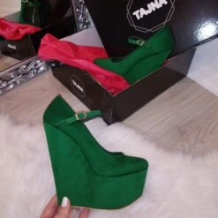 Dark Green Suede High Heel Wedge Shoes -Tajna Shoes DSC 2351