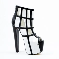 Black White Square Ankle High Heel Platform S