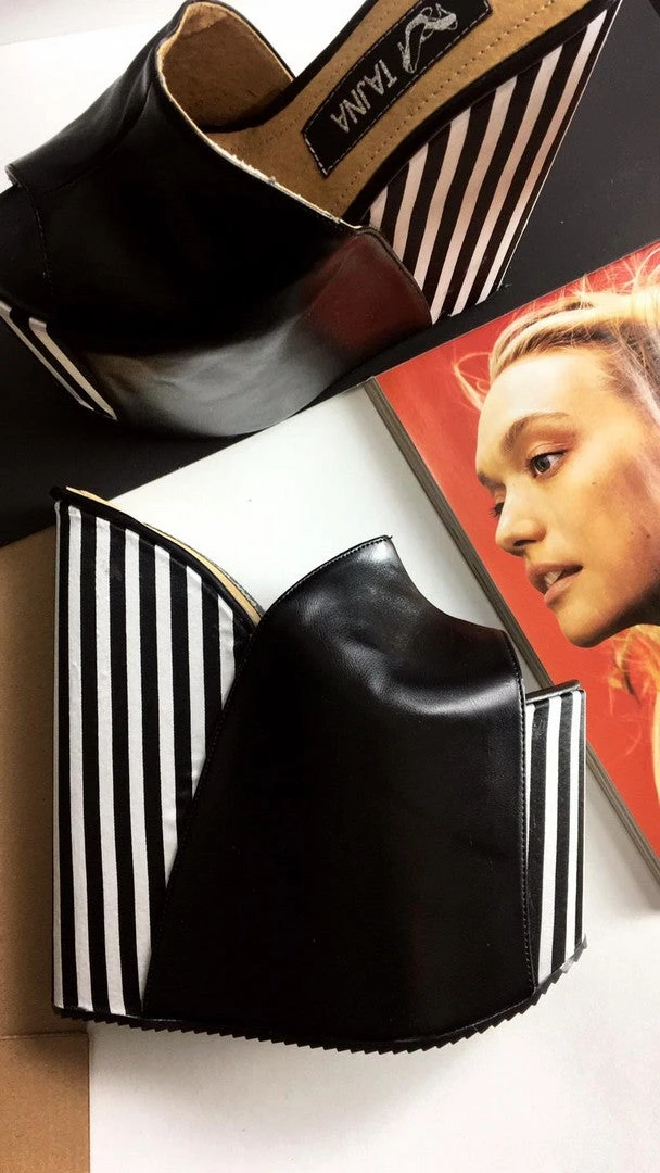 White Black Stripe Peep Toe Wedge Mules 4 White Black Stripe Peep Toe Wedge Mules - Image 4