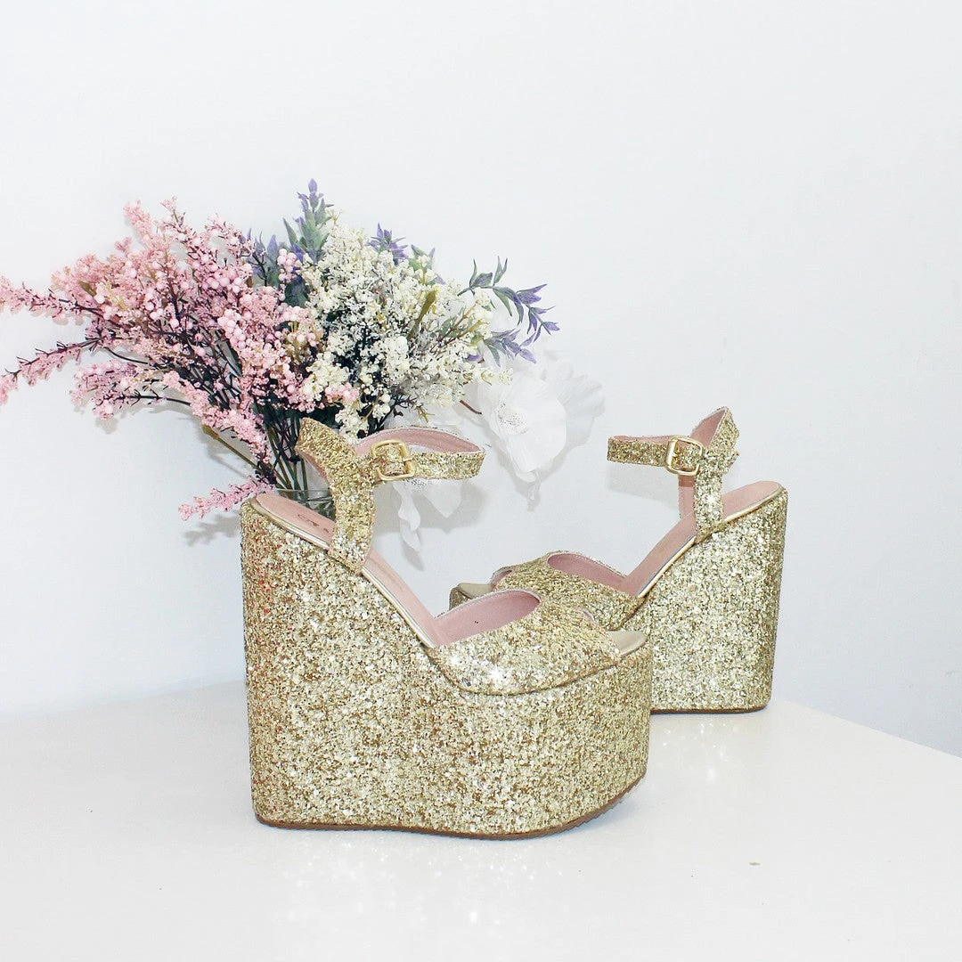 Gold Glitter Bridal High Heel Platform Shoes 2 Gold Glitter Bridal High Heel Platform Shoes - Image 2