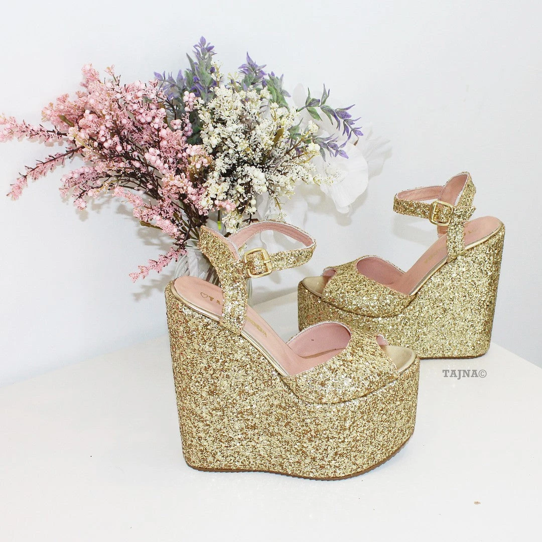 Gold Glitter Bridal High Heel Platform Shoes 1 Gold Glitter Bridal High Heel Platform Shoes