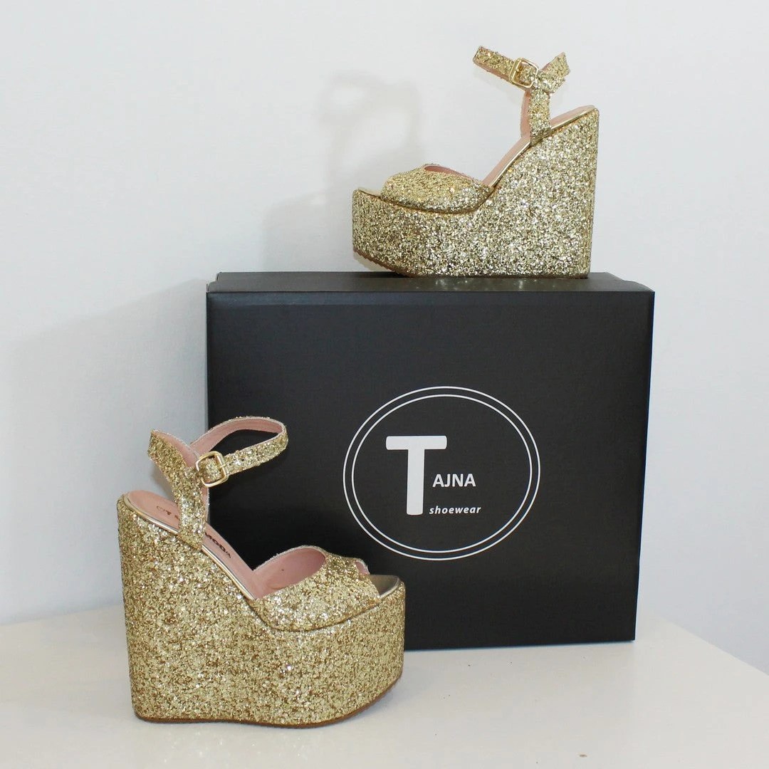 Gold Shiny Peep Toe Wedge Platform Shoes 2 Gold Shiny Peep Toe Wedge Platform Shoes - Image 2