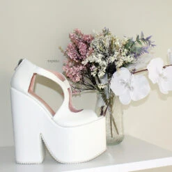 White Slit Peep Toe Platform Bridal Wedge Shoes