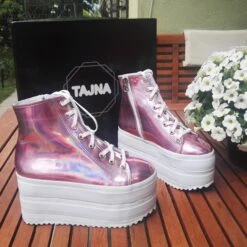 Pink Shiny Lace Up Sport Wedge Platform Shoes