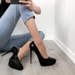 Platform Stiletto Black Croco Patent