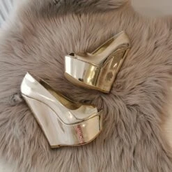 Golden Shiny Mirror Peep Toe Wedges -Tajna Shoes IMG 20190828 140227