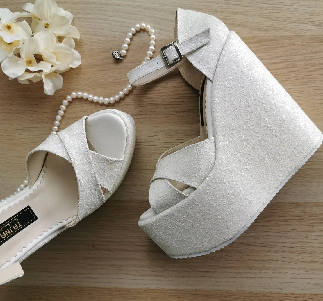 White Shiny Bridal Wedges 2 White Shiny Bridal Wedges - Image 2