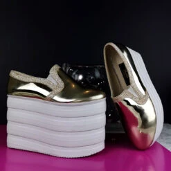 Gold Mirror Flat-form Wedge Sneakers