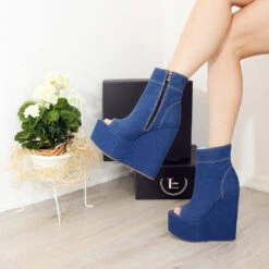 Jean Demin Peep Toe Platform Heel Wedge Booties -Tajna Shoes IMG 7675