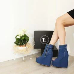 Jean Demin Peep Toe Platform Heel Wedge Booties -Tajna Shoes IMG 7677