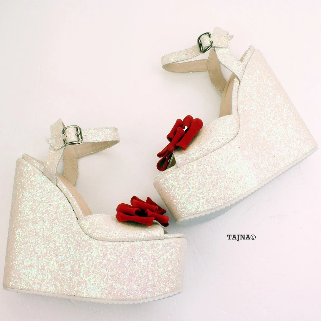 Shiny White Red Ribbon Peep Toe Wedge Shoes 2 Shiny White Red Ribbon Peep Toe Wedge Shoes - Image 2