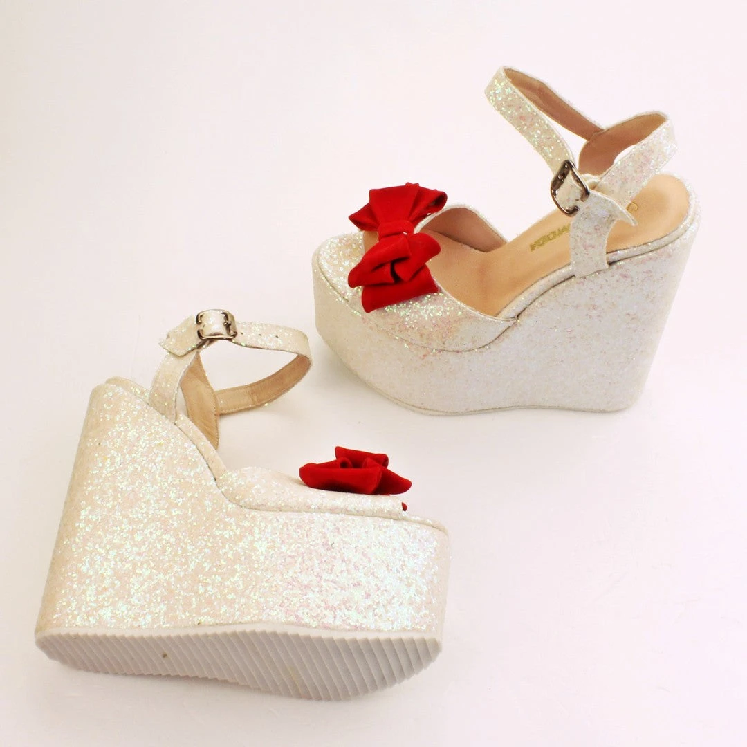 Shiny White Red Ribbon Peep Toe Wedge Shoes 1 Shiny White Red Ribbon Peep Toe Wedge Shoes