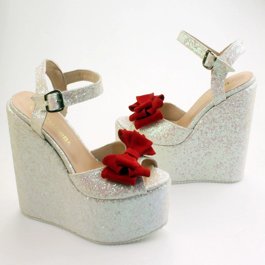 Shiny White Red Ribbon Peep Toe Wedge Shoes 3 Shiny White Red Ribbon Peep Toe Wedge Shoes - Image 3
