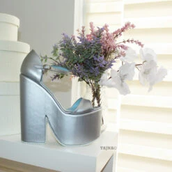 Silver Peep Toe Ankle Strap Platform Wedge Shoes
