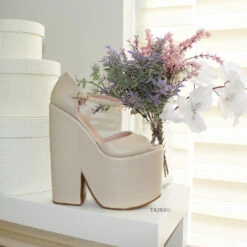 Cream Peep Toe Ankle Strap Platform Wedge Shoes