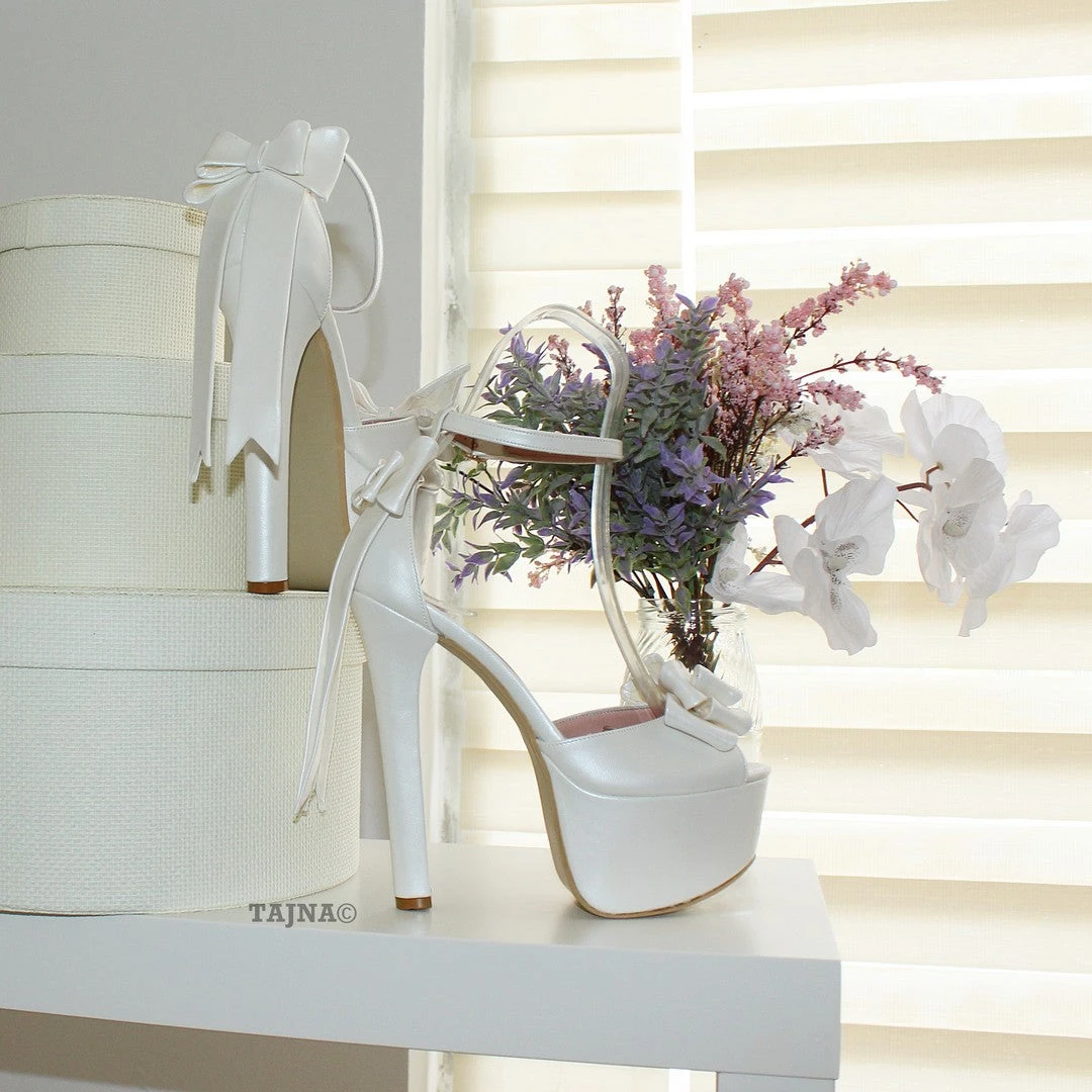Ivory White Ribbon Tail Platform Bridal Shoes 1 Ivory White Ribbon Tail Platform Bridal Shoes