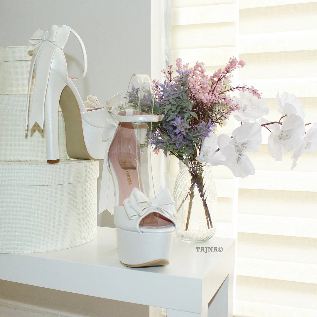 Ivory White Ribbon Tail Platform Bridal Shoes 2 Ivory White Ribbon Tail Platform Bridal Shoes - Image 2
