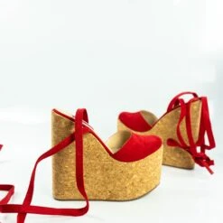 Red Suede Cork Wedge Lace Up Sandals -Tajna Shoes RED CORK HIGH HEEL WEDGE SHOES TAJNA CLUB PLATFORM 2