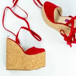 Red Suede Cork Wedge Lace Up Sandals