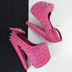 Hot Pink Spike Studded Fetish With Chunky Heels 5 Hot Pink Spike Studded Fetish With Chunky Heels -Tajna Shoes WhatsAppImage2022 11 05at9.31.02PM 1