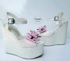 Wedding Sandals Bow Peeptoe Glitter Wedge Heel Black Platform High Heels Shoes