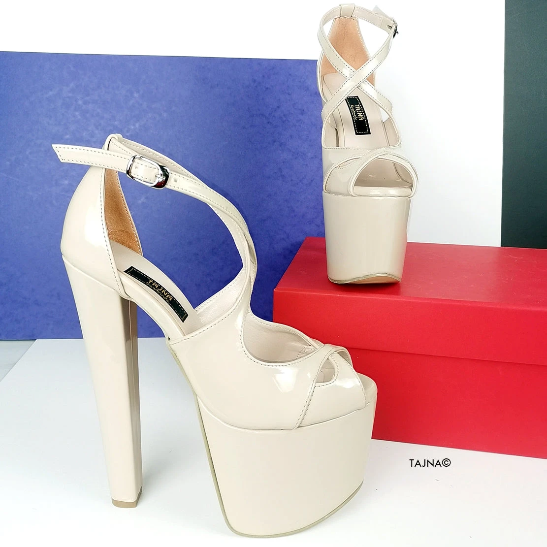 Beige Nude Patent Cross Strap Heels 3 Beige Nude Patent Cross Strap Heels - Image 3