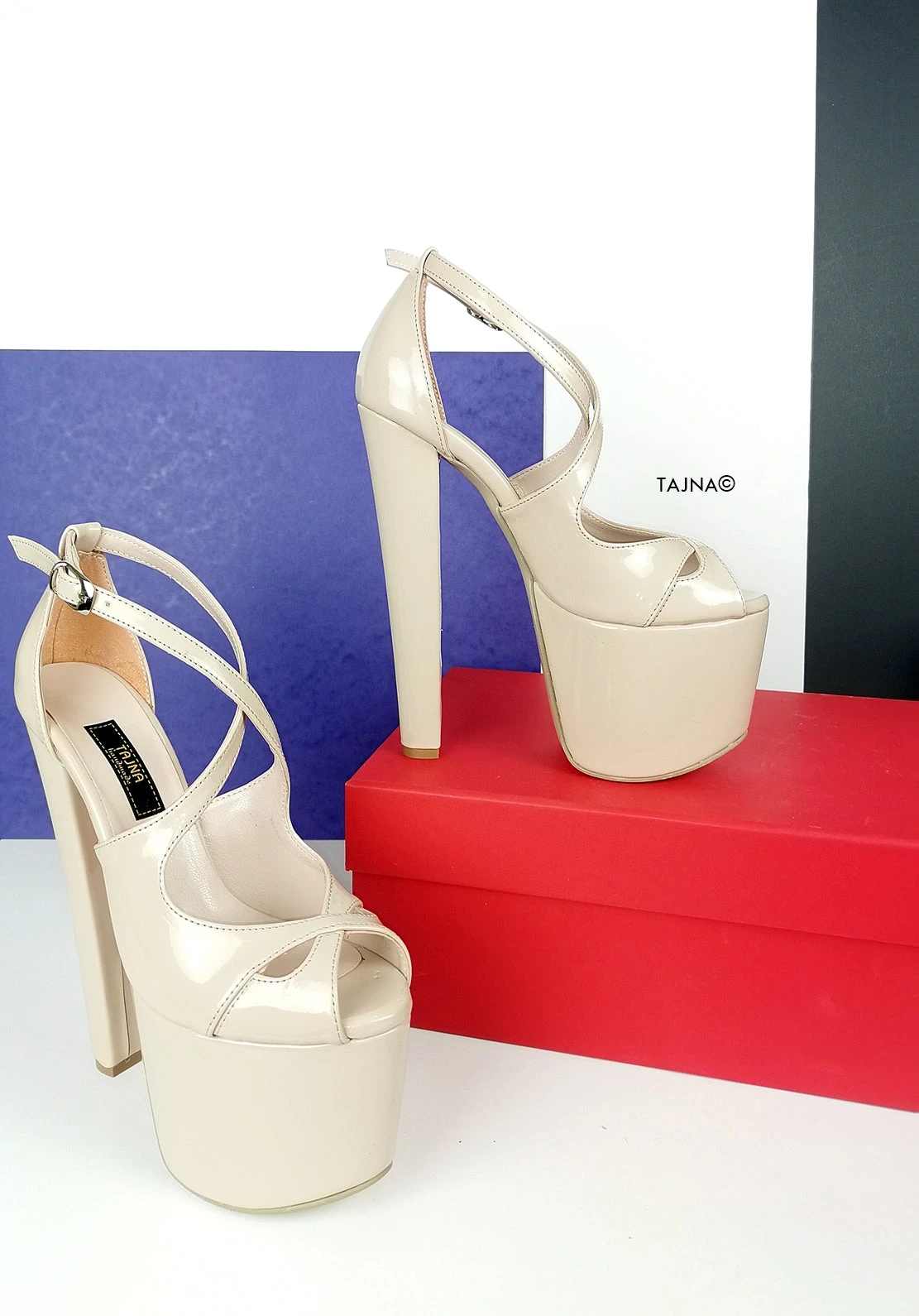 Beige Nude Patent Cross Strap Heels 2 Beige Nude Patent Cross Strap Heels - Image 2