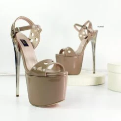 Beige Gloss Laser Cut Ankle Strap Sandals -Tajna Shoes beige nude gloss high heel platform sandals pencil heel 2
