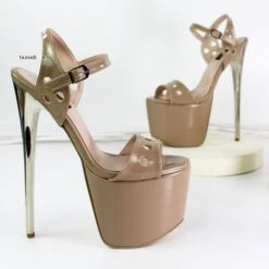 Beige Gloss Laser Cut Ankle Strap Sandals -Tajna Shoes beige nude gloss high heel platform sandals pencil heel 3