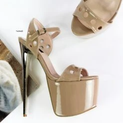 Beige Gloss Laser Cut Ankle Strap Sandals -Tajna Shoes beige nude gloss high heel platform sandals pencil heel 5