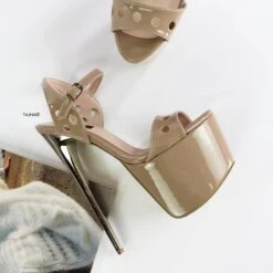 Beige Gloss Laser Cut Ankle Strap Sandals -Tajna Shoes beige nude gloss high heel platform sandals pencil heel 6
