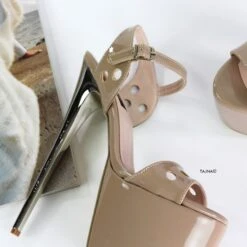 Beige Gloss Laser Cut Ankle Strap Sandals -Tajna Shoes beige nude gloss high heel platform sandals pencil heel 7