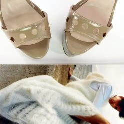 Beige Gloss Laser Cut Ankle Strap Sandals -Tajna Shoes beige nude gloss high heel platform sandals pencil heel 8