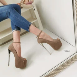 Beige Suede Ankle Strap Metallic Heels -Tajna Shoes beige suede ankle strap 19 cm high heel shoes 3