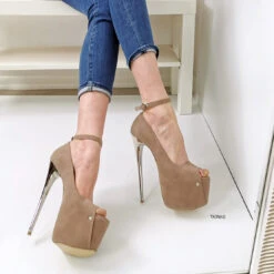 Beige Suede Ankle Strap Metallic Heels -Tajna Shoes beige suede ankle strap 19 cm high heel shoes 5