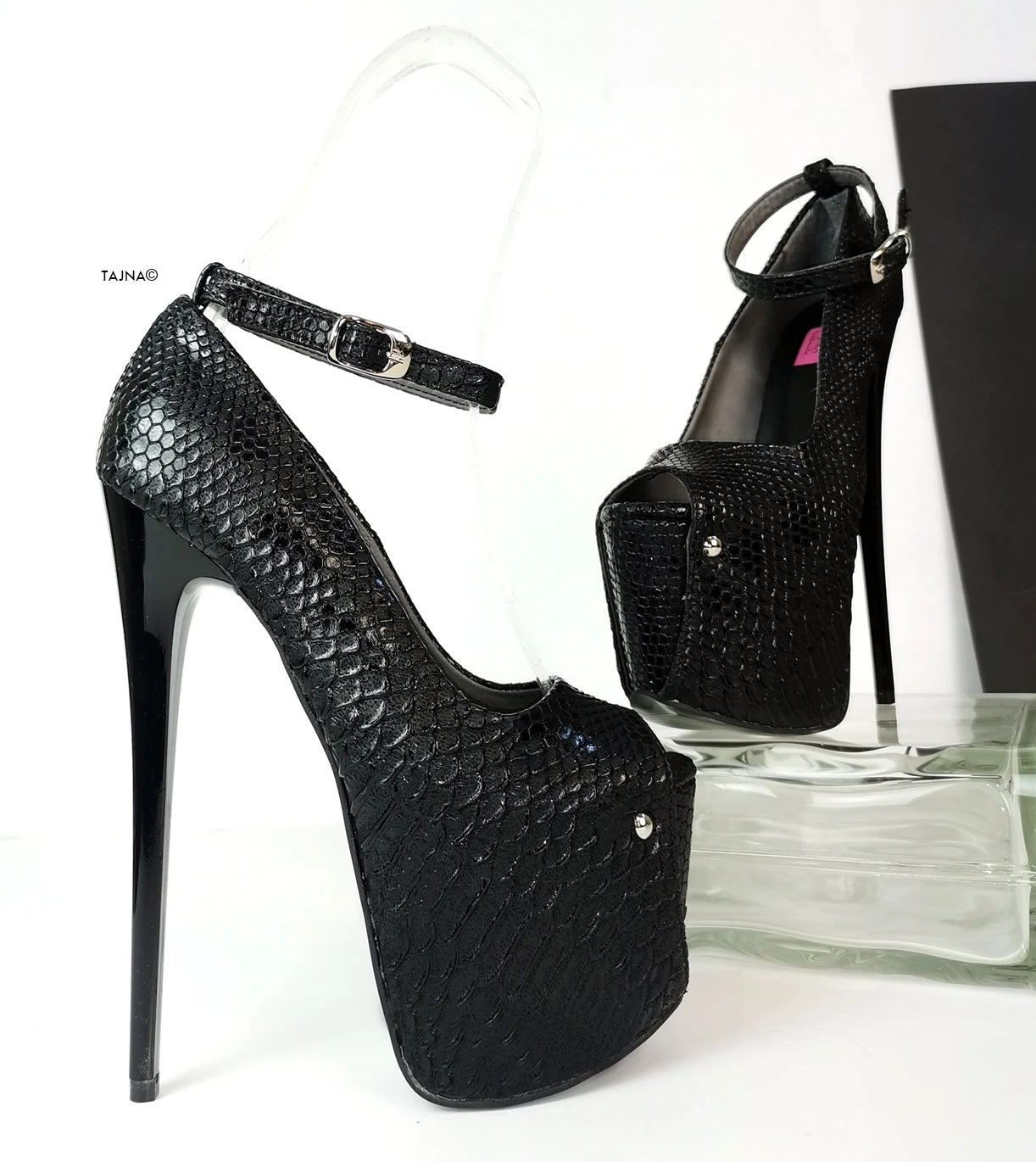Black Croco Ankle Strap Peep Toe Heels 5 Black Croco Ankle Strap Peep Toe Heels - Image 5