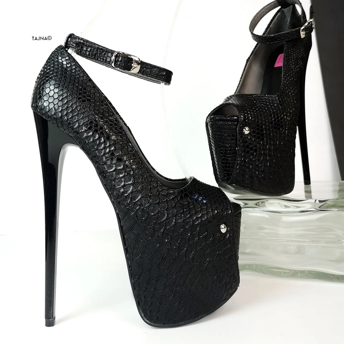 Black Croco Ankle Strap Peep Toe Heels 1 Black Croco Ankle Strap Peep Toe Heels