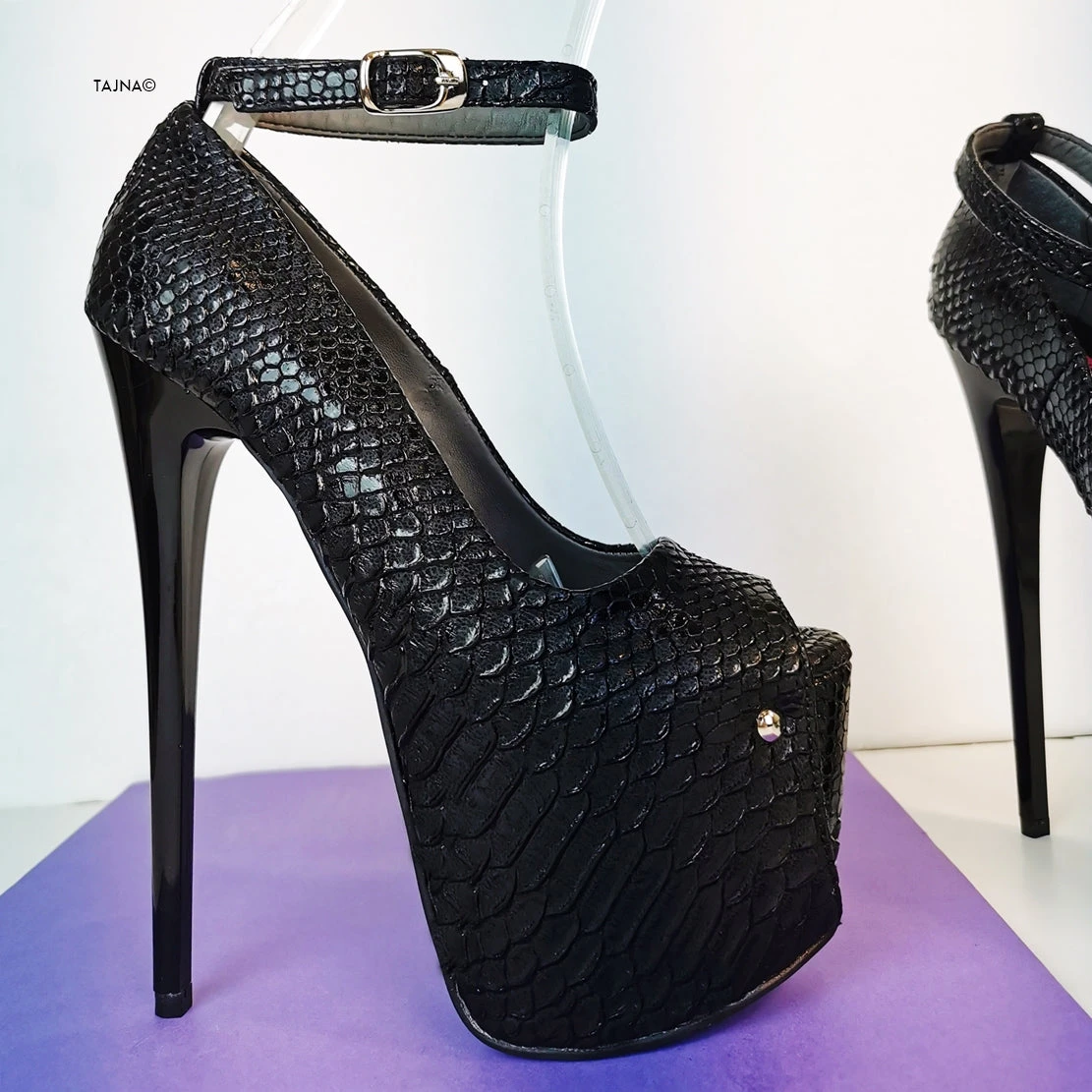 Black Croco Ankle Strap Peep Toe Heels 7 Black Croco Ankle Strap Peep Toe Heels - Image 7