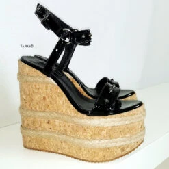Black Gloss Studs Cork Wedge Sandals -Tajna Shoes black espadril high heel wedge sandals 16 cm 1