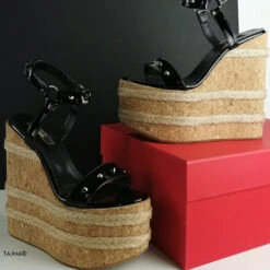Black Gloss Studs Cork Wedge Sandals -Tajna Shoes black espadril high heel wedge sandals 16 cm 4