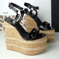 Black Gloss Studs Cork Wedge Sandals -Tajna Shoes black espadril high heel wedge sandals 16 cm 5