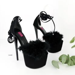 Black Suede Fur Detail Lace Up Sandals -Tajna Shoes black fur high heel platform sandals tajna club 5