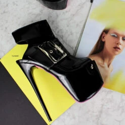 Black Gloss Big Belted Ankle Heels -Tajna Shoes black gloss big belted extreme high heel shoes 1